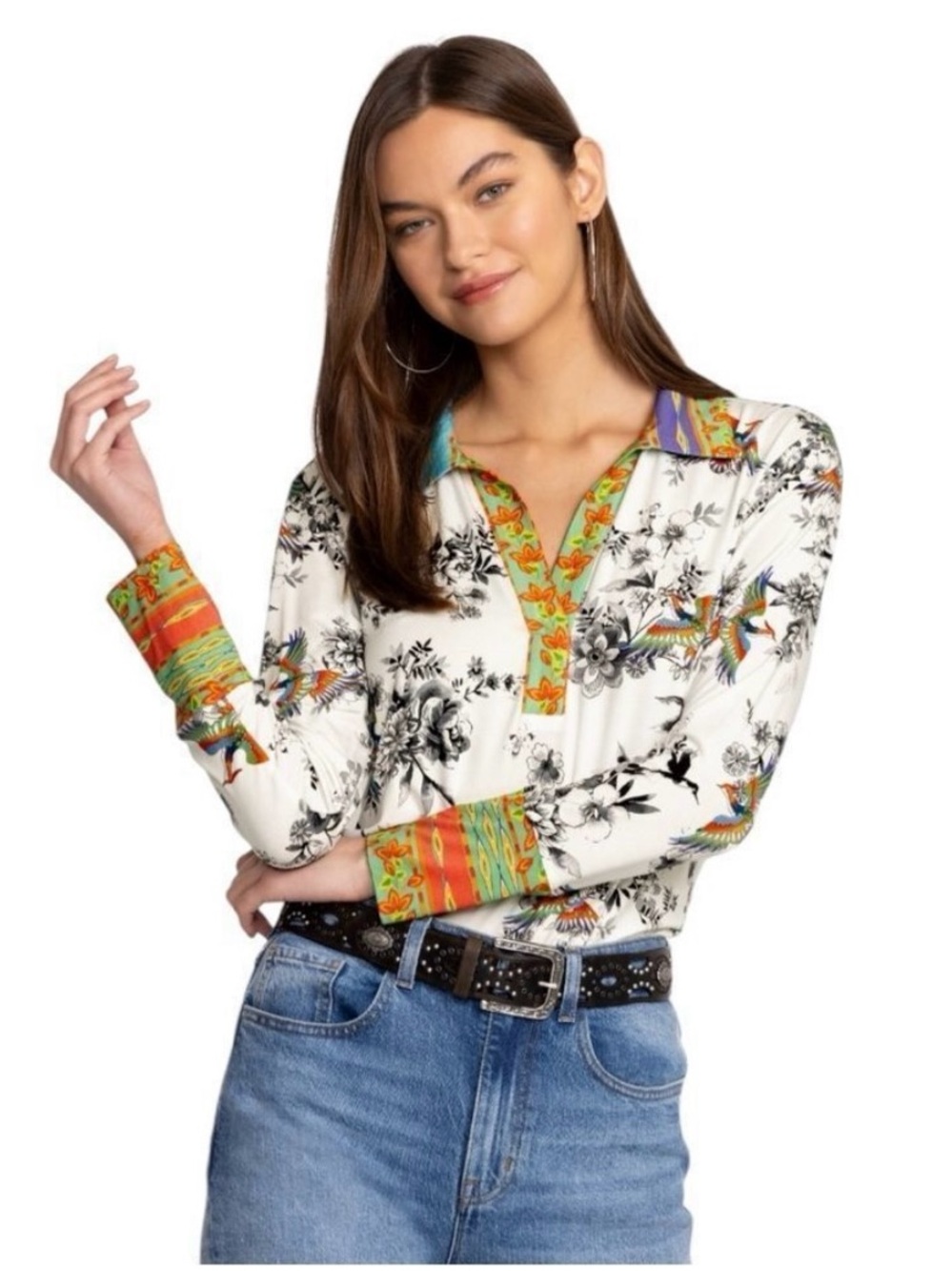 Johnny Was Dreamer Garden Open Collar Split Front Henley Tee Sz XXL